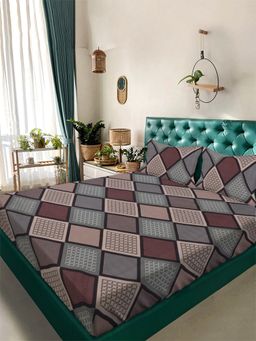 ARRABI - Grey Geometric Tc Cotton Blend King Bedsheet With 2 Pillow Covers