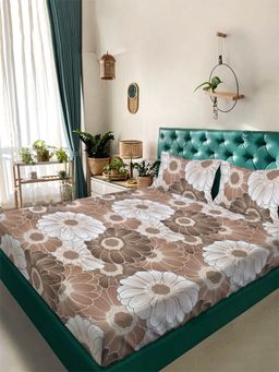 ARRABI - Brown Floral Tc Cotton Blend King Bedsheet With 2 Pillow Covers