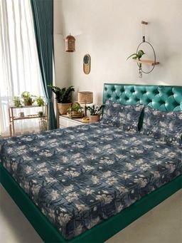 ARRABI - Black Floral Tc Cotton Blend King Bedsheet With 2 Pillow Covers