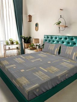 ARRABI - Grey Abstract Tc Cotton Blend King Bedsheet With 2 Pillow Covers