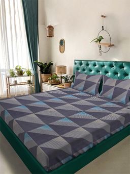 ARRABI - Blue Striped Tc Cotton Blend Super King Bedsheet With 2 Pillow Covers