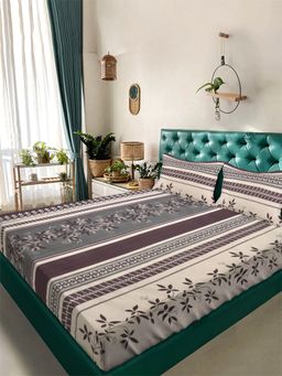 ARRABI - Grey Floral Tc Cotton Blend Super King Bedsheet With 2 Pillow Covers