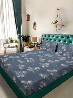 ARRABI - Blue Floral Tc Cotton Blend Super King Bedsheet With 2 Pillow Covers