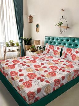 ARRABI - Floral Tc Cotton Blend Super King Bedsheet With 2 Pillow Covers