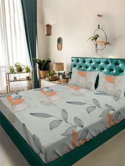 ARRABI - Olive Floral Tc Cotton Blend King Bedsheet With 2 Pillow Covers