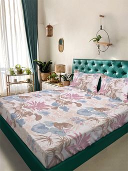 ARRABI - White Floral Tc Cotton Blend King Bedsheet With 2 Pillow Covers