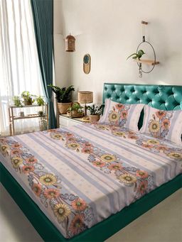 ARRABI - Orange Floral Tc Cotton Blend King Bedsheet With 2 Pillow Covers