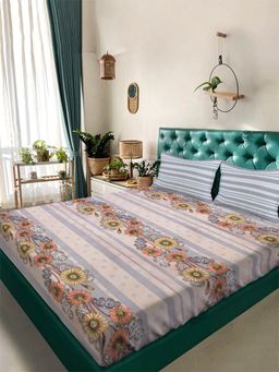 ARRABI - Orange Floral Tc Cotton Blend King Bedsheet With 2 Pillow Covers