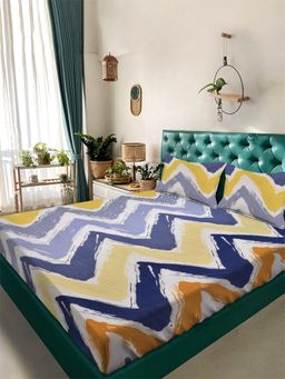 ARRABI - Blue Stripes Tc Cotton Blend King Bedsheet With 2 Pillow Covers