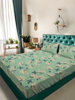 ARRABI - Green Floral Tc Cotton Blend King Bedsheet With 2 Pillow Covers