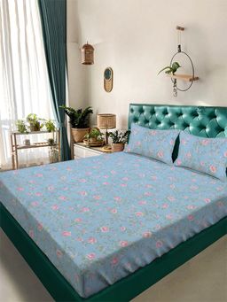 ARRABI - Skyblue Floral Tc Cotton Blend Super King Bedsheet With 2 Pillow Covers