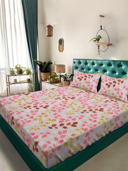 ARRABI - Pink Leaf Tc Cotton Blend Super King Bedsheet With 2 Pillow Covers