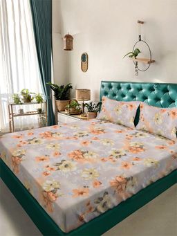 ARRABI - Peach Floral Tc Cotton Blend Super King Bedsheet With 2 Pillow Covers