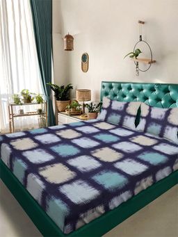 ARRABI - Blue Stripes Tc Cotton Blend Super King Bedsheet With 2 Pillow Covers