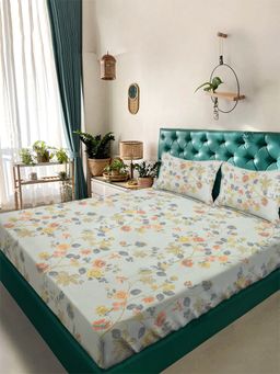 ARRABI - Floral Tc Cotton Blend Super King Bedsheet With 2 Pillow Covers