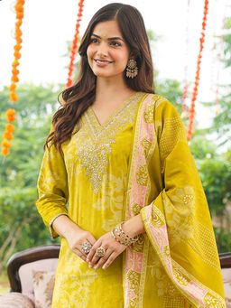 Vaamsi - Yellow Floral Embroidered Straight Kurta with Pant and Dupatta