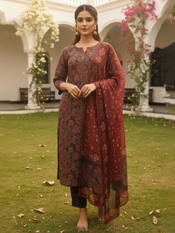 Vaamsi - Brown Floral Printed Straight Kurta with Pant and Dupatta