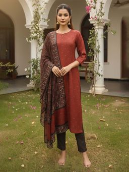 Vaamsi - Maroon Printed Straight Kurta with Pant and Dupatta