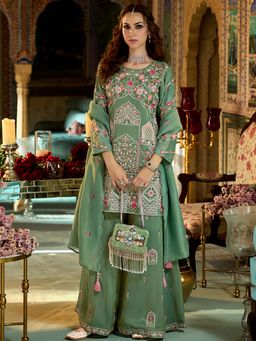 Vaamsi - Women Green Viscose Rayon Embroidered Kurta with Palazzo and Dupatta