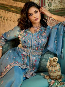 Vaamsi - Women Blue Viscose Rayon Embroidered Kurta with Palazzo and Dupatta