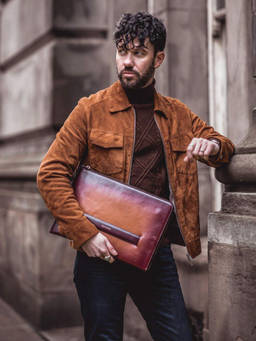 SILVIANO - Tan Genuine Leather 14 Laptop Sleeve with Retractable Handle