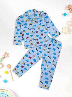 Mee Mee - Unisex Aqua Blue Cotton Aeroplane Printed Shirt and Pyjama