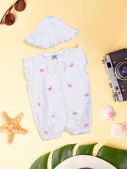 Mee Mee - Infant Girl Cotton White Butterfly Romper with Hat