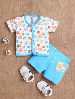 Mee Mee - Unisex Interlock Blue Animal Face Printed Shirt & Shorts
