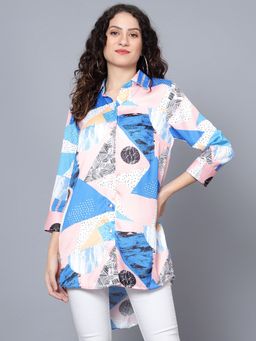 ANVI Be Yourself - Comfort Fit Satin Blue Geometric Print Casual Shirt