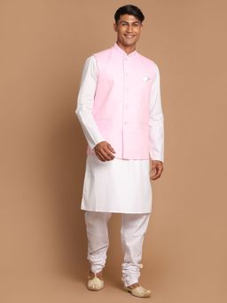 Vastramay - Mens Pink and White Pure Cotton Jacket - Kurta and Pyjama (Set of 3)