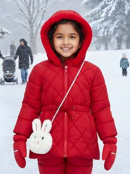 LITTLE GINNIE - Girl Red Rabbit Polyester Quilted Puffer Jacket