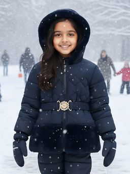 LITTLE GINNIE - Girl Navy Blue Belt Polyester Quilted Puffer Jacket