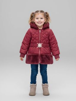 LITTLE GINNIE - Girl Maroon Belt Polyester Quilted Puffer Jacket