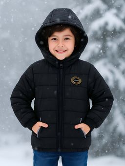 LITTLE GINNIE - Boys Black Stripes Polyester Quilted Puffer Jacket