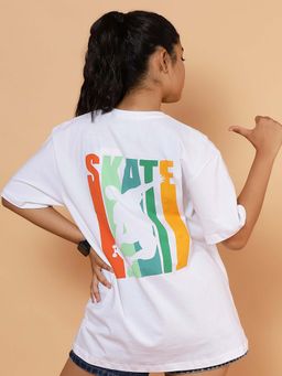 TeenTrums - White Cotton Knit Oversized Urban Skate Graphic Printed T-shirt