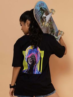TeenTrums - Black Cotton Knit Oversized Humanity Graphic Printed T-shirt