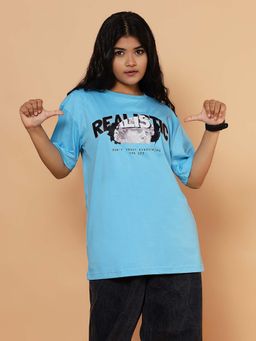 TeenTrums - Blue Cotton Knit Oversized Street Realistic Printed T-shirt