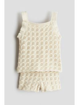 H&M - Girls Beige 2-Piece Cotton Pointelle-Knit Set
