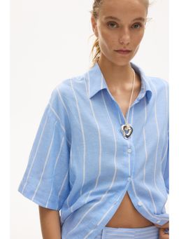 H&M - Women Blue Oversized Linen-Blend Shirt