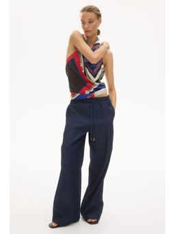 H&M - Women Blue Tie-Belt Paper Bag Trousers
