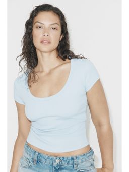 H&M - Women Blue Ribbed Scoop-Neck T-Shirt