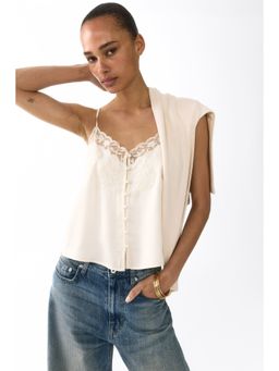 H&M - Women Beige Embroidered-Detail Viscose Top