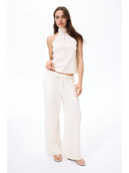 H&M - Women White Linen-Blend Drawstring Trousers