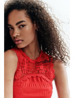 H&M - Women Red Crochet-Look-Section Textured Top