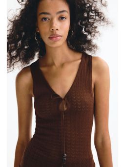 H&M - Women Brown Pointelle-Knit Tie-Detail Top