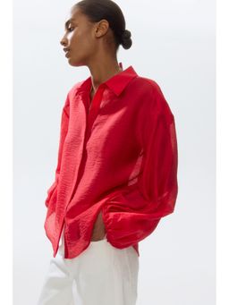 H&M - Women Red Balloon-Sleeved Linen-Blend Shirt