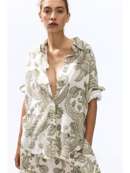 H&M - Women Beige Oversized Linen-Blend Shirt