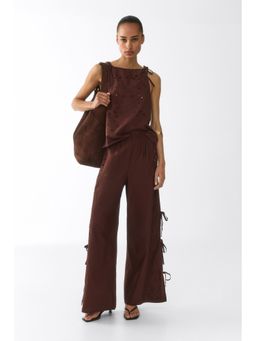 H&M - Women Brown Broderie Anglaise Tie-Detail Trousers