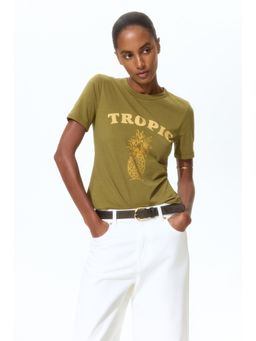 H&M - Women Green Print-Motif Cotton T-Shirt