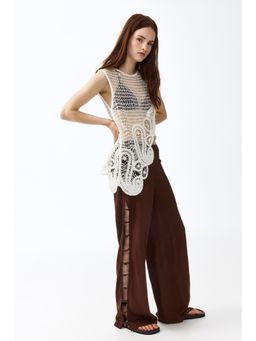 H&M - Women Brown Bead-Detail Linen-Blend Trousers